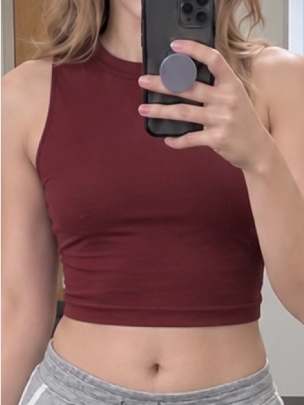 Ribbed High-Neck Cropped Tank Top in Burgundy